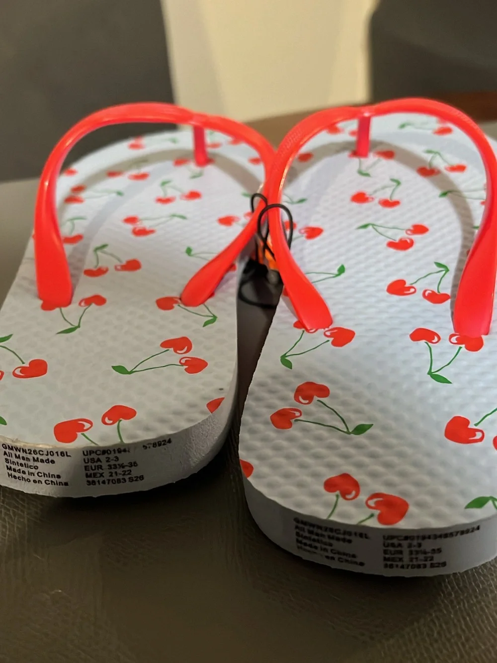 Kids Cherry Hearts Print Flip Flops with Bright Red Straps